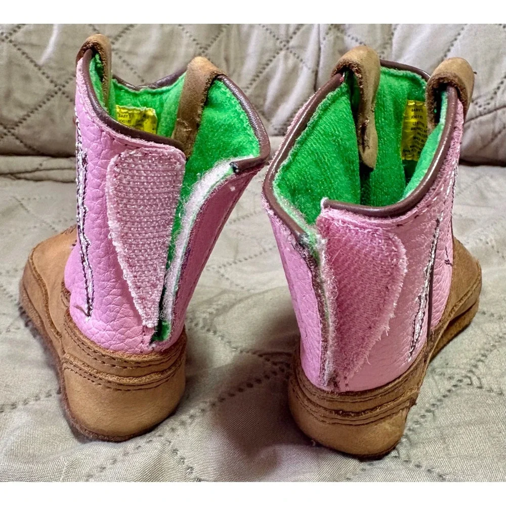 John Deere Baby Girls Pink Brown Leather Western Crib Boots JD0185 Size 2